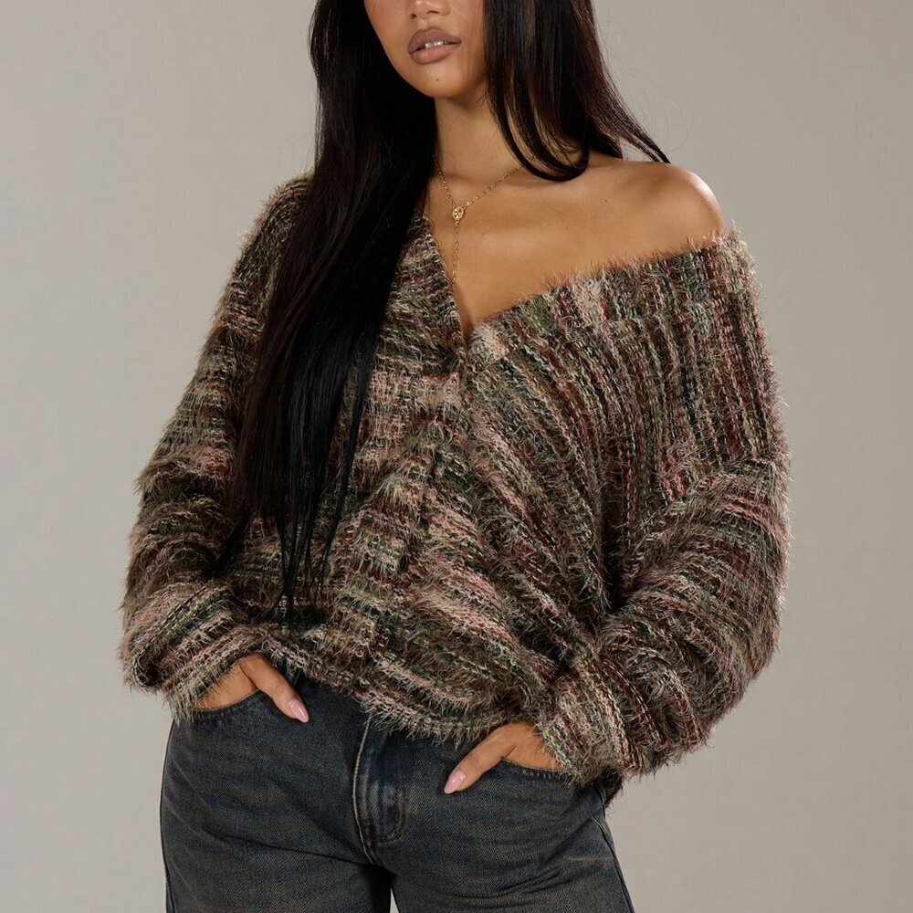 Casual Women's Oversized Textured Stripe Knit Sweater cardigan